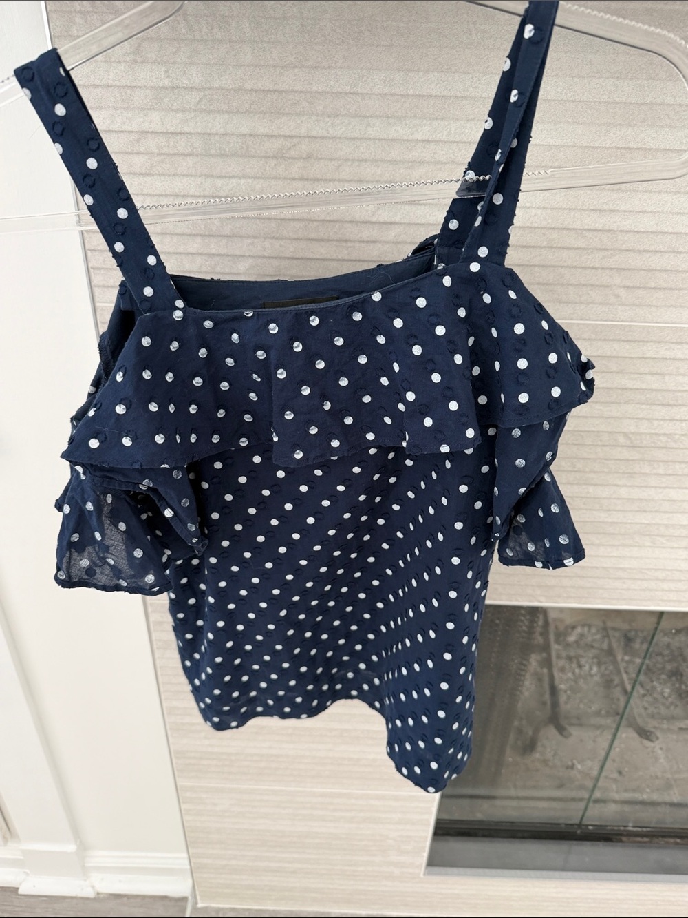 J. Crew Navy and White Polka Dot Ruffle Cold-Shoulder Camisole